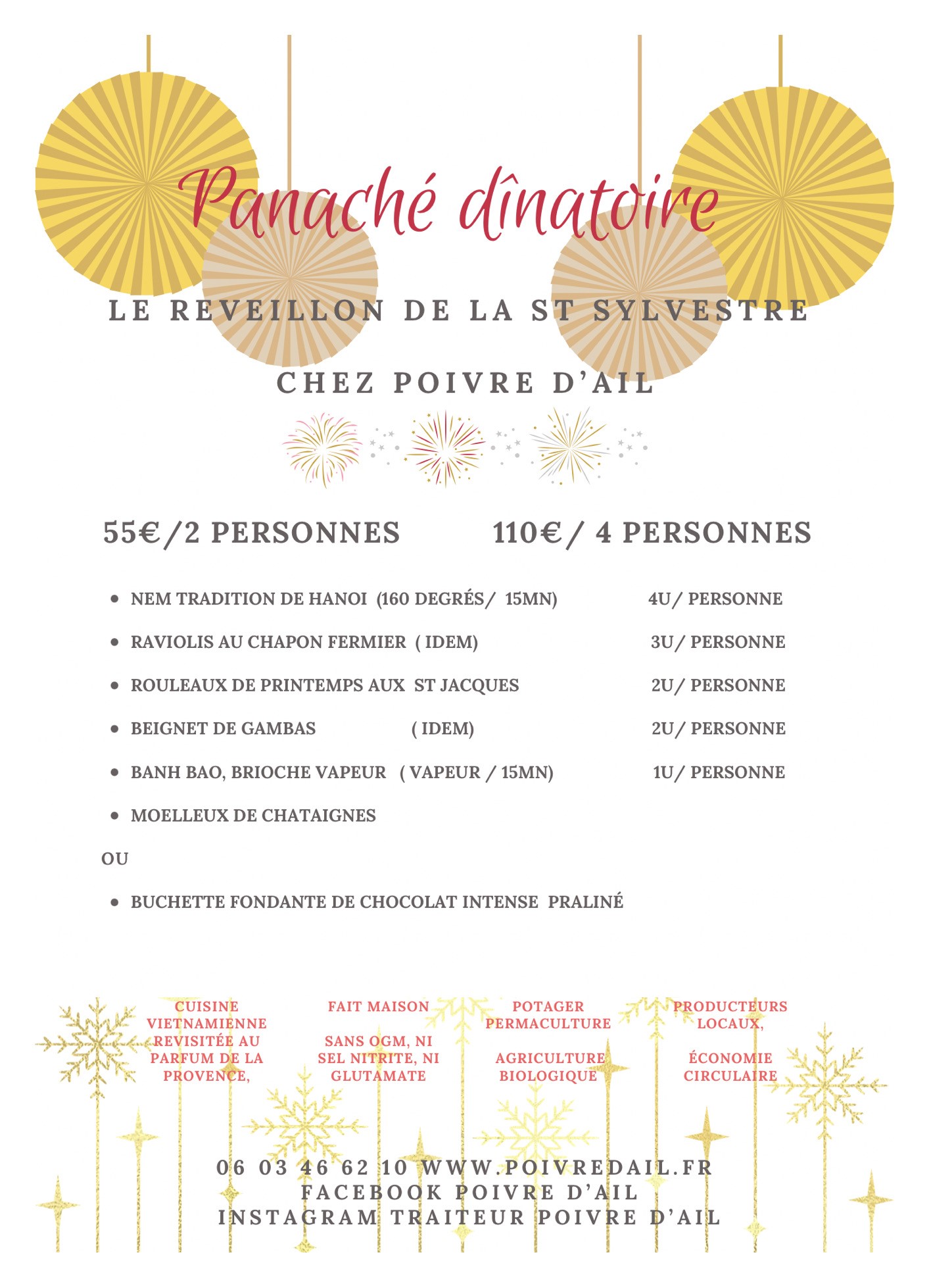 Réveillon de la Saint Sylvestre 2022 Poivre d'Ail Traiteur Bio La Ciotat Roquefort La Bédoule Cassis Ceyreste Carnoux Gémenos Aubagne
