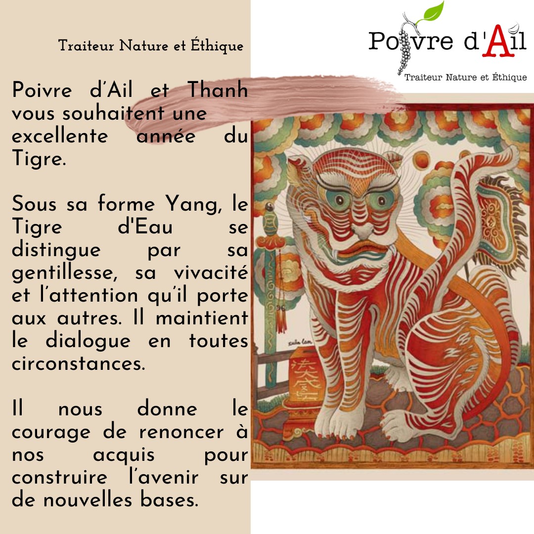 Carte de Voeux année 2022 Tigre Vietnam traiteur bio Roquefort la Bédoule Cassis La Ciotat Ceyreste Aubagne Carnoux Gémenos